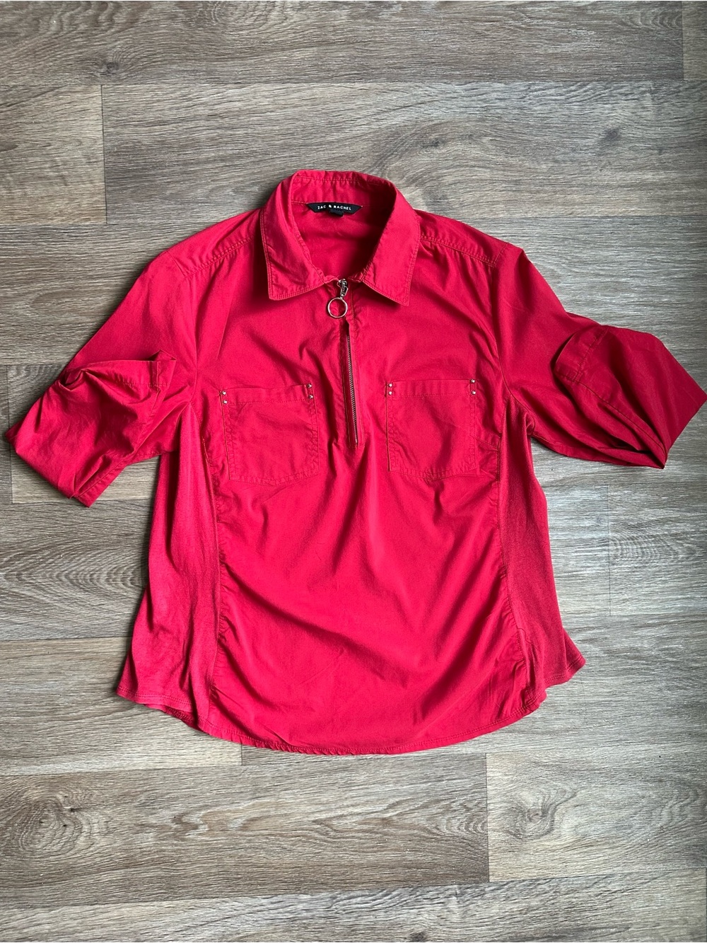Zac & Rachel Red 1/4 Zip Pullover Utility Top Size L 3/4 Roll-Tab Sleeves
